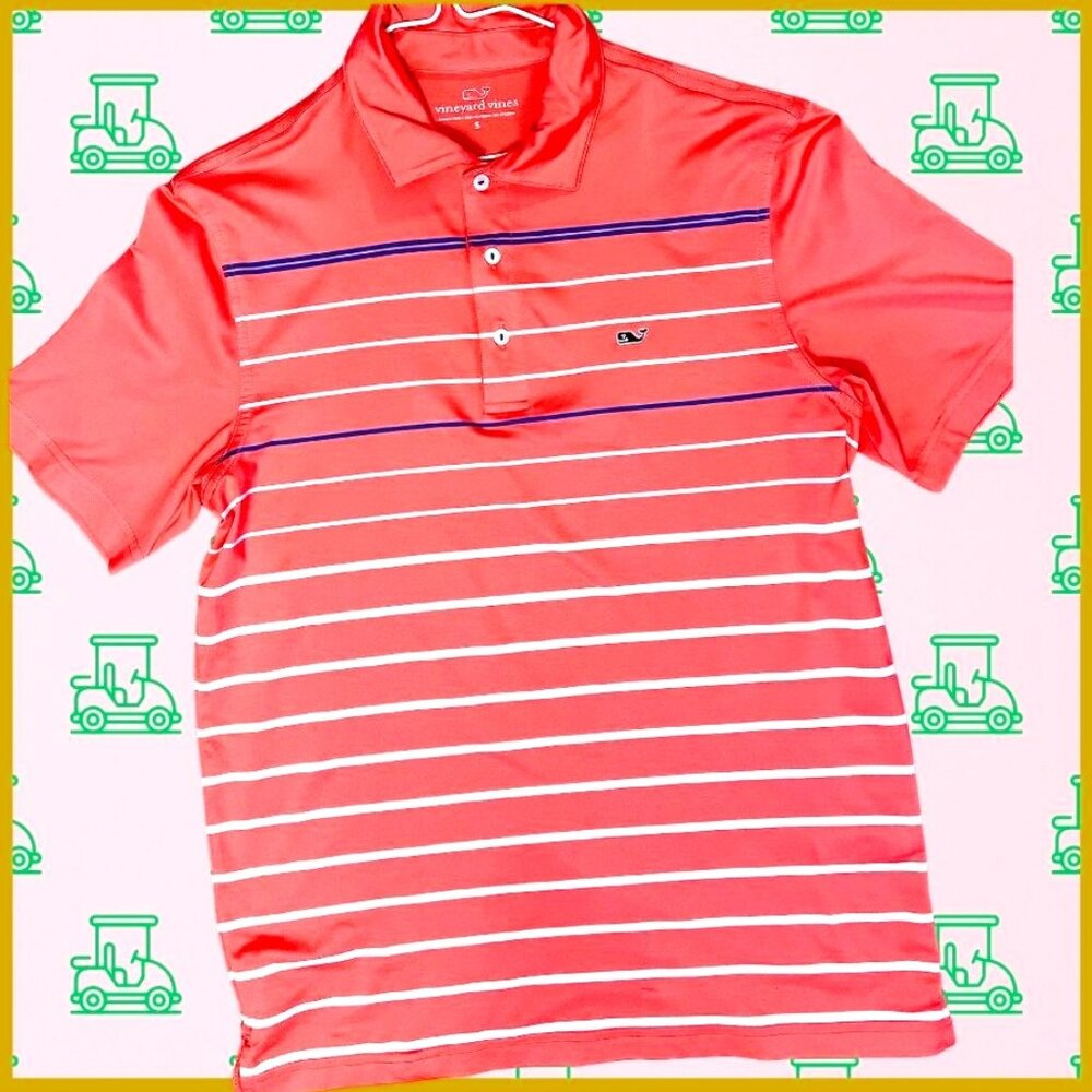 Vineyard Vines Performance Golf Polo Vibrant Coral Pink/White stripes, (Size S)